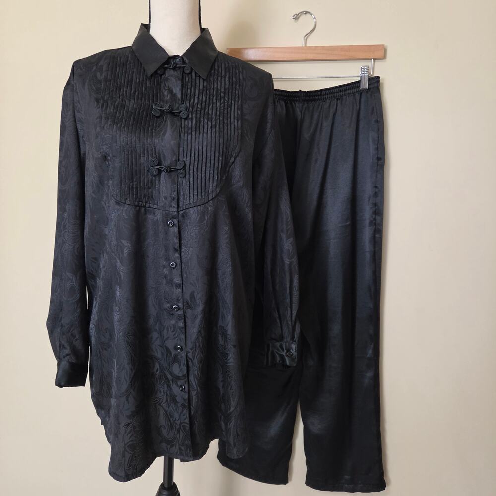 Vintage Erika Taylor M Silky 2 Pc Lounge Sleep Set Chinese Frog Tunic Top Blouse